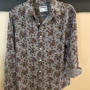 Mens Express Slim Fit Long sleeve button up shirt Grey with Burgandy Like new